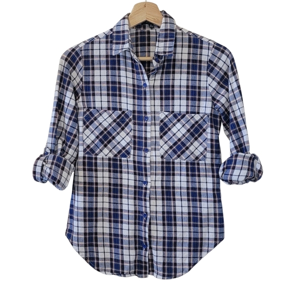 Timing Tops - Y2K 100% Cotton Plaid Button Front Long Sleeve Flannel Shirt Women's S